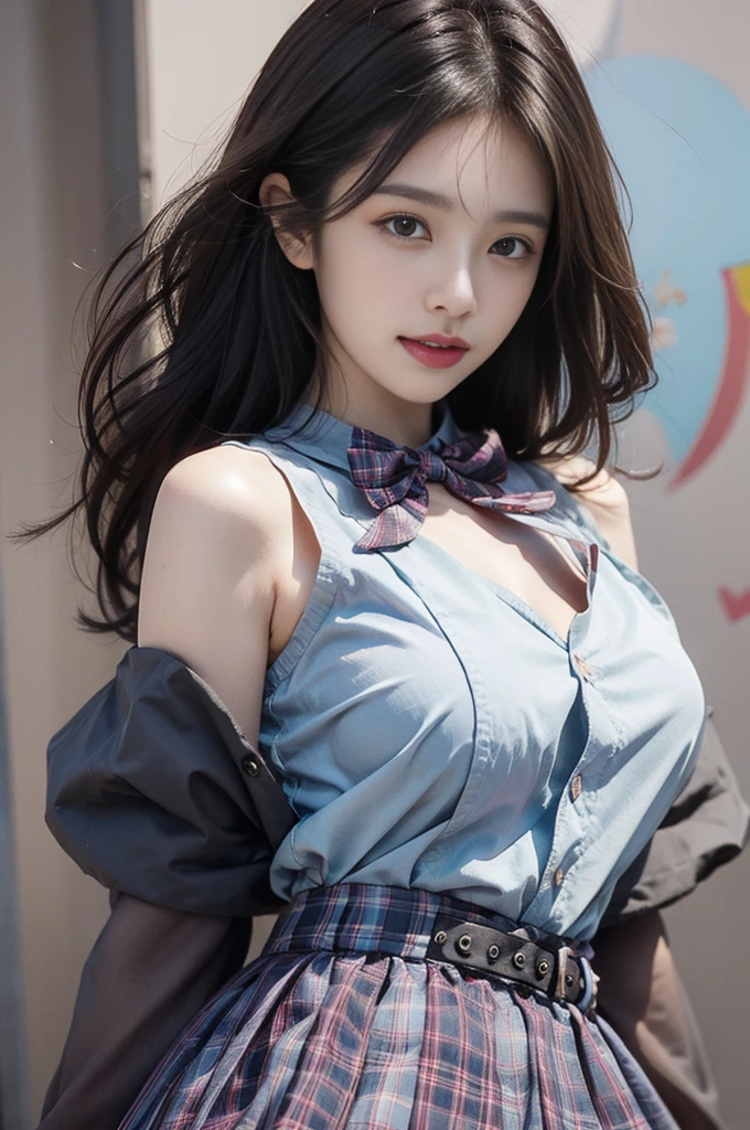 skirt,plaid necktie,belt,plaid skirt,black shirt,bowtie, (best quality, masterpiece:1.2), tianfeng1, Extremely detailed, (Practical:1.37), beautiful, youth, Charming female model, sweet smile, Sweetheart girl, Warm colors, ((Full body view，Skin is firm and smooth)), ((Random scenes，Random shooting angles)), ((Elegant and natural gesture)), (big eyes, Exquisite eyes, Delicate lips, Exquisite eyes), Available in white and floral pattern, Show a bright smile, fit, Full breasts, ((Large Breasts)), Long legs, Create a stunning photo of a girl