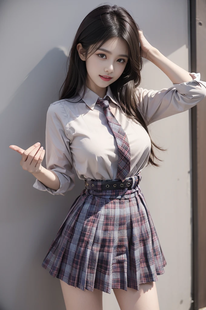 skirt,plaid necktie,belt,plaid skirt,black shirt,bowtie, (best quality, masterpiece:1.2), tianfeng1, Extremely detailed, (Practical:1.37), beautiful, youth, Charming female model, sweet smile, Sweetheart girl, Warm colors, ((Full body view，Skin is firm and smooth)), ((Random scenes，Random shooting angles)), ((Elegant and natural gesture)), (big eyes, Exquisite eyes, Delicate lips, Exquisite eyes), Available in white and floral pattern, Show a bright smile, fit, Full breasts, ((Large Breasts)), Long legs, Create a stunning photo of a girl