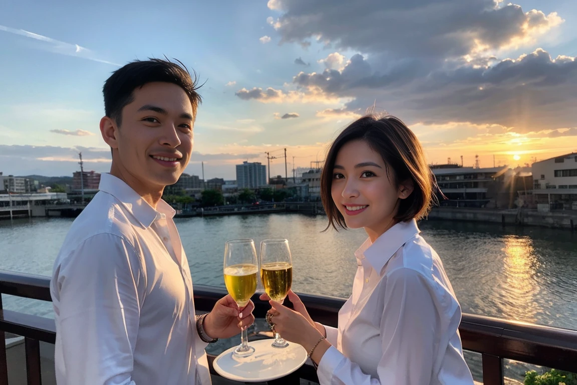 ((Highest quality、8k、masterpiece:1.3))、Izakaya、Japanese sake、Slim couple、Model Couple、(Realistic, Intricate details:1.2), Japanese sake、1 liter bottle、Japanese food、Soba、Japanese sake、Shochu 、Amazing view of the sunset sky and clouds、Bright smile、The beauty of a smile、Bright image、Beautiful Face, blue eyes, The light shines on your face, blush, short hair,Bright Face、 (Age 37), 39 years old, Brown Hair、Shortcuts、Long sleeve shirt、dress、Beautiful woman