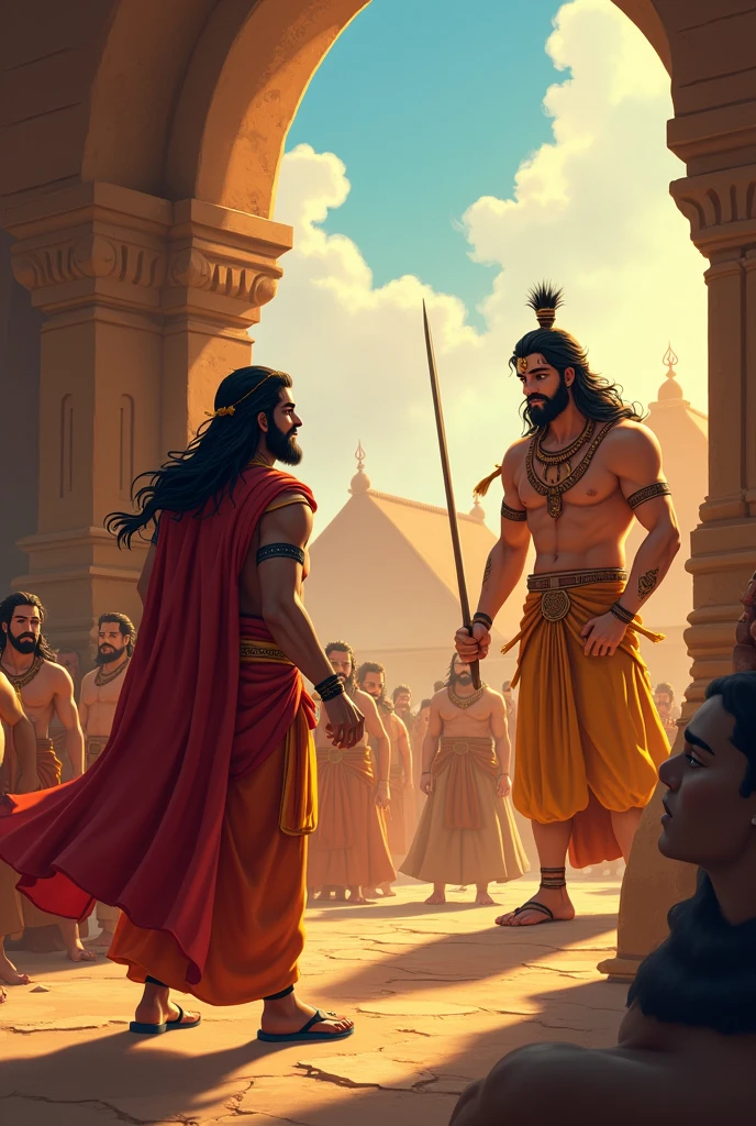 In cinematric cartoon style"एक समयको कुरा हो, जब पाण्डव र कौरवहरूको युग थियो। द्रुपद नामक राजा र उनका मित्र द्रोणाचार्य थिए।"द्रोणाचार्यलाई आफ्नो शिक्षाको माध्यमबाट अनेक शिष्य प्राप्त भएका थिए, तर एक दिन द्रोणाचार्यलाई द्रुपदसँग सम्बन्धित दुःख परेको थियो।"द्रुपद, जो एक समय द्रोणाचार्यको साथी थियो, अहिले राज्यको राजा बनेको थियो।"द्रोणाचार्यको एक बेतन भएको इच्छा थियो। उनले द्रुपदसँग सहयोग मागे, तर द्रुपदले अस्वीकार गरिदिए। यस घटनाले द्रोणाचार्यलाई गहिरो दुःख र पीडा पुर्यायो।"भगवान कृष्ण, जो पाण्डवहरूको मित्र र संरक्षक थिए, यो परिस्थितिमा ज्ञान र समाधान ल्याउन मद्धत गर्न आए। भगवान कृष्णले द्रोणाचार्यलाई धैर्य राख्न र आफ्नो पथमा अडिग रहन सल्लाह दिए। कृष्णले भने, "तपाईंको आत्मा र धर्मको कर्ममा विश्वास राख्नुहोस्। अनावश्यक क्रोध र द्वेषलाई त्याग्नुहोस्।"समय बित्दै गयो र द्रुपद र द्रोणाचार्य बीचको द्वन्द्व कम हुँदै गयो। भगवान कृष्णको बुद्धिमत्ता र धैर्यताको मद्धतले द्रोणाचार्यलाई पुनः सम्मान प्राप्त गर्नमा सहयोग पुर्यायो।"यस प्रकार, भगवान कृष्णको मार्गदर्शनले द्रोणाचार्यलाई व्यावहारिकता, धैर्यता, र सच्चाइमा अडिग रहन सन्देश दियो।"शिक्षा: धर्म र आत्मा प्रति विश्वास राख्नु र कठिन परिस्थितिहरूमा धैर्य राख्नु महत्त्वपूर्ण छ। भगवान कृष्णको मार्गदर्शनले समस्याहरूलाई समाधान गर्न मद्दत गर्न सक्छ।"