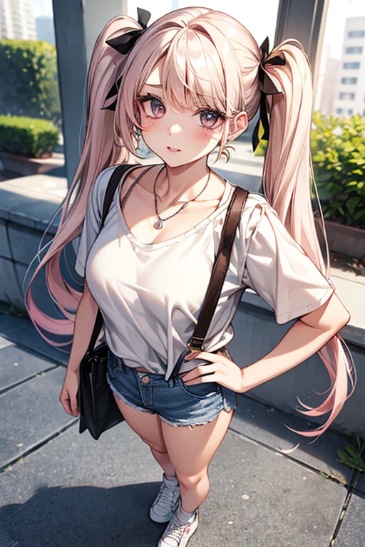 High-quality, ultra-realistic portraits。She has a face that is both cute and pure.、((It has a rounded and gentle contour))。(Eyes are large、Her clear eyes are distinctive、The nose is small and well-formed。Lips in natural color、Modest thickness)。The skin is transparent、Has a healthy glow。Makeup is natural、She uses thin foundation and subtle lip color.。clothing:
- White cotton T-shirt
- Denim shorts
- White sneakers
Accessories:
- Simple silver necklace
- Small silver stud earrings
- Beige canvas tote bag
Makeup:
- Natural Makeup、Pink lip gloss
Background:
Cafe terrace in the city、Bright sunshine。The lighting is soft and natural.、Accentuating facial features、Does not emphasize shadows。