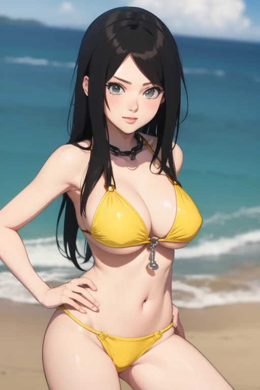 milf, yellow bikini, ultra detailed, naruto anime style, chained, on the beach