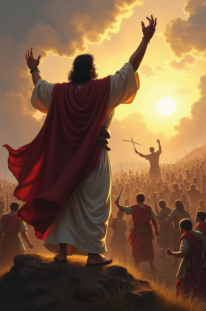 A dramatic scene from the biblical battle between the Israelites and the Amalekites. In the foreground, Moses is standing on a hill with Aaron and Hur on either side, holding up his hands to ensure the Israelites' victory. Moses appears determined and focused, while Aaron and Hur support him with great effort. Below them, the battlefield is chaotic, with Israelite and Amalekite soldiers engaged in fierce combat. The sky is filled with tension, and the landscape shows signs of the intense struggle. The scene is rich in detail, capturing the intensity and significance of the battle.