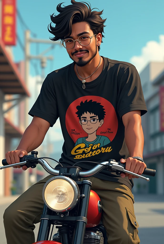 A 16 yrs old boy with beared and mustache, a round shaped glass, dark shin, black Gojo Satoru T-shirt, with cargo pant and white sneakers, smiling with attitude, sitting on a cruser bike