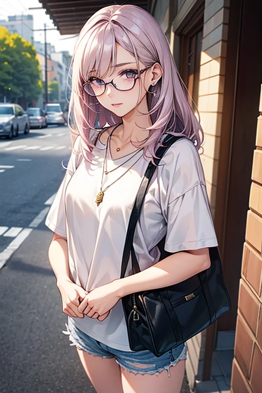 High-quality, ultra-realistic portraits。She has a face that is both cute and pure.、((It has a rounded and gentle contour))。(Eyes are large、Her clear eyes are distinctive、The nose is small and well-formed。Lips in natural color、Modest thickness)。(Slender figure)、The skin is transparent、Has a healthy glow。Makeup is natural、She uses thin foundation and subtle lip color.。(Light purple hair、Medium Hair)、Round Glasses、clothing:
- White cotton T-shirt
- Denim shorts
- White sneakers
Accessories:
- A simple silver necklace - Small silver stud earrings - Beige canvas tote bag background:
Cafe terrace in the city、Bright sunshine。The lighting is soft and natural.、Accentuating facial features、Does not emphasize shadows。