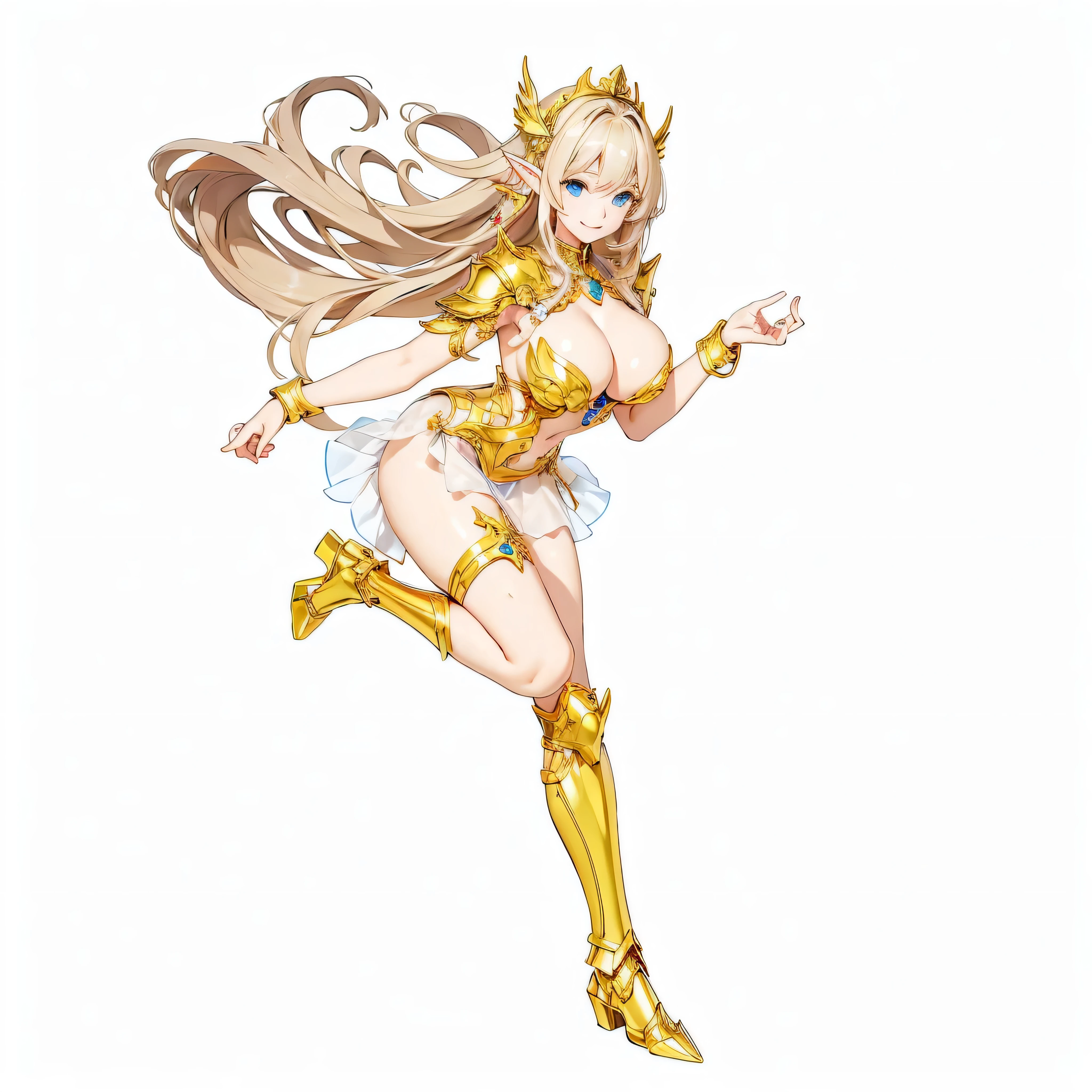 Highest quality、Very detailed、High resolution、１６ｋ、Thin contours、耳の長いElf、Nipples are visible、Shining golden armor、Gold bikini armor、Very large breasts、Extremely transparent skirt、Wearing black pants、chest proportion、Smile of the Goddess、Very white skin、Beautiful fingers、Perfect Style、Elf、No bra、Blonde hair and blue eyes、Cool smile