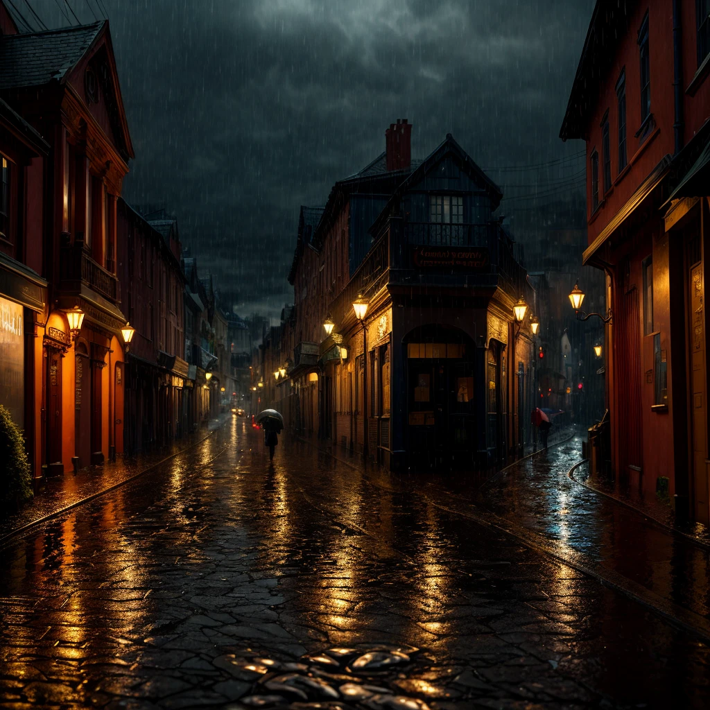 Highly detailed, intricate, ultra-detailed, town drenched in heavy rainstorm. Large raindrops cover the road. The scene is dark and mysterious, with the umbrella and the two figures. The alley is slippery with water and puddles form. Super delicate, photographic and intricate photographic details.