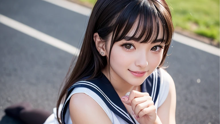 Highest quality, masterpiece, Ultra-high resolution, 8k, (reality: 1.4), RAW shooting, The most detailed face, Very detailed and perfect anatomy, Live Shooting; The most beautiful face; Glowing Skin; 18 year old Japanese.Her bangs and eyes are big and cute.Has brown eyes, Kind eyes, Long brown hair, Young Face, and big breasts.E Cup. Looking at the audience.An angelic smile.(Sailor suit、Navy pleated mini skirt:1.2) (high school girl、Toned body、Make sure to cover your chest、Black straight hair、 So cute、Cute Smile、ネイビーミニスカートSailor suit、Black socks:1.5)Walking along the seaside path,Perfect body、(((1 female)))、(((Beautiful and accurate five fingers)))
