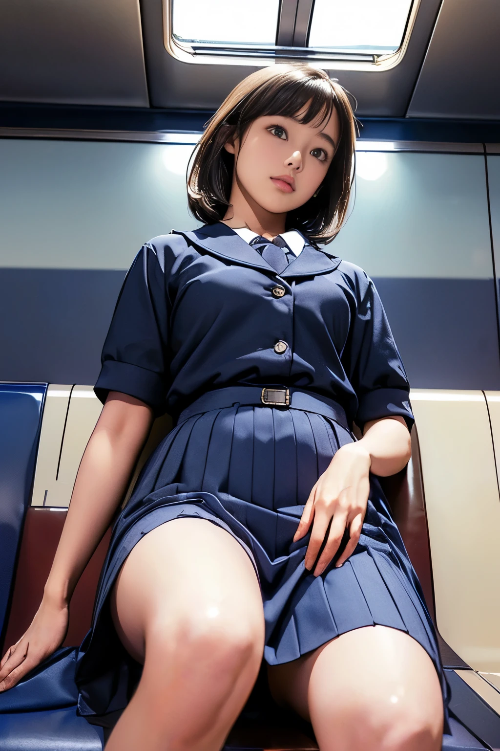 High-definition images, Atmospheric perspective, 8K, Very detailed, precise, best quality, 
1 girl, Solitary, Chest, Looking at the audience, (Look at the audience,:1.5),  
Brown hair,  Brown eyes, parted Lips, underwear, , (Japanese school uniforms), 
 (Navy blue skirt), (Sitting on a train seat:1.5), underwear, , parted Lips, 
 Lips, (Navy blue skirt), Cowboy shooting,  (((Spread your legs, Cross your arms))), showing sexy White :1.5), Practical ,
(White, Collared shirt, Ribbon Tie),
(Don&#39;t expose your upper body:1.5),
(Turn your body towards the audience:1.5) , (From below, look up:1.5), ((15 year old Japanese girl, Short Bob))