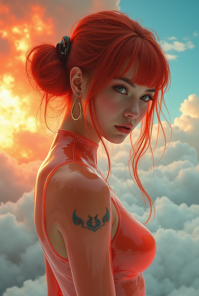 translucent skintight suit fashion model Cinematic PUNK ROCK cute red haired girl, with bouncing breasts in the style of Tony Sandoval and Geoff Darrow art. Fighting robots in the the clouds. Explosion. (4K image:1.1), (Sharp focus:1.3), Highly detailed, (Attractive young woman:1.3), (Alluring:1.1), (Blush:1.1) (Style-Glass), (()), High resolution, Anti-aliasing, 8k, ((Syd Mead)), Sharp details, ((masterpiece)), (Picturesque) sex android NEON Cinema film-grab.com