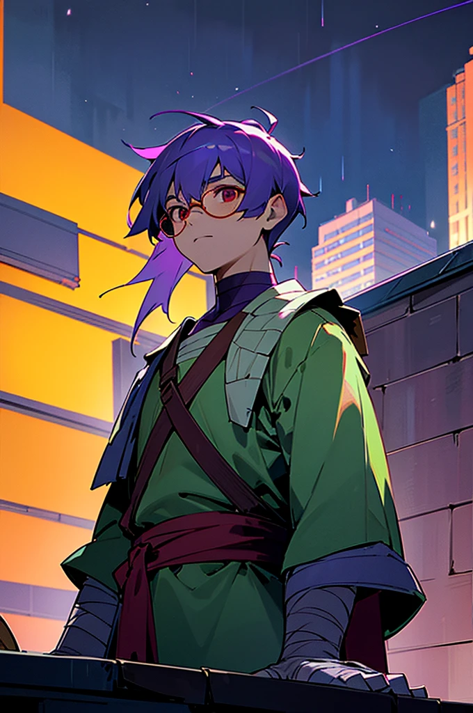 1boy, turtle boy, turtle shell, purple bandana, red eyes, upper body, (calm:1.2), upper body, bandages, standing, from below, outdoors, rooftop, on roof, night, wind, night, night sky, new york, rain,, arms on sides, calm expression, purple hair, bowl cut, round glasses,