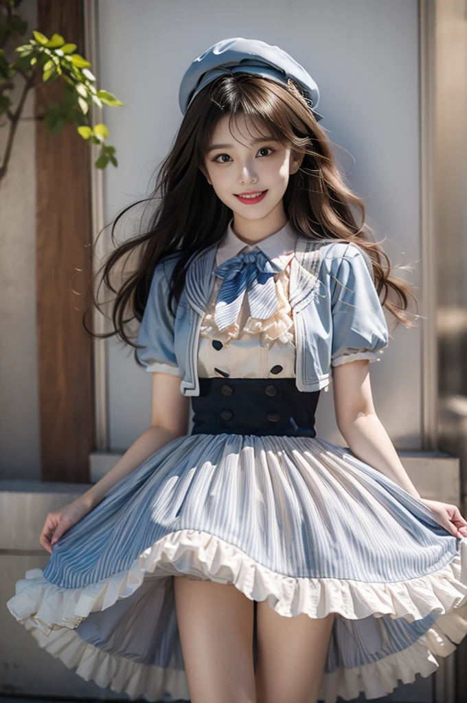 idol clothes,dress,collared dress,jacket,cropped jacket,short sleeves,bowtie,bow,buttons,hat,beret, (best quality, masterpiece:1.2), tianfeng1, Extremely detailed, (Practical:1.37), beautiful, youth, Charming female model, sweet smile, Sweetheart girl, Warm colors, ((Full body view,Skin is firm and smooth)), ((Random scenes,Random shooting angles)), ((Elegant and natural gesture)), (big eyes, Exquisite eyes, Delicate lips, Exquisite eyes), Available in white and floral pattern, Show a bright smile, fit, Full breasts, ((Large Breasts)), Long legs, Create a stunning photo of a girl
