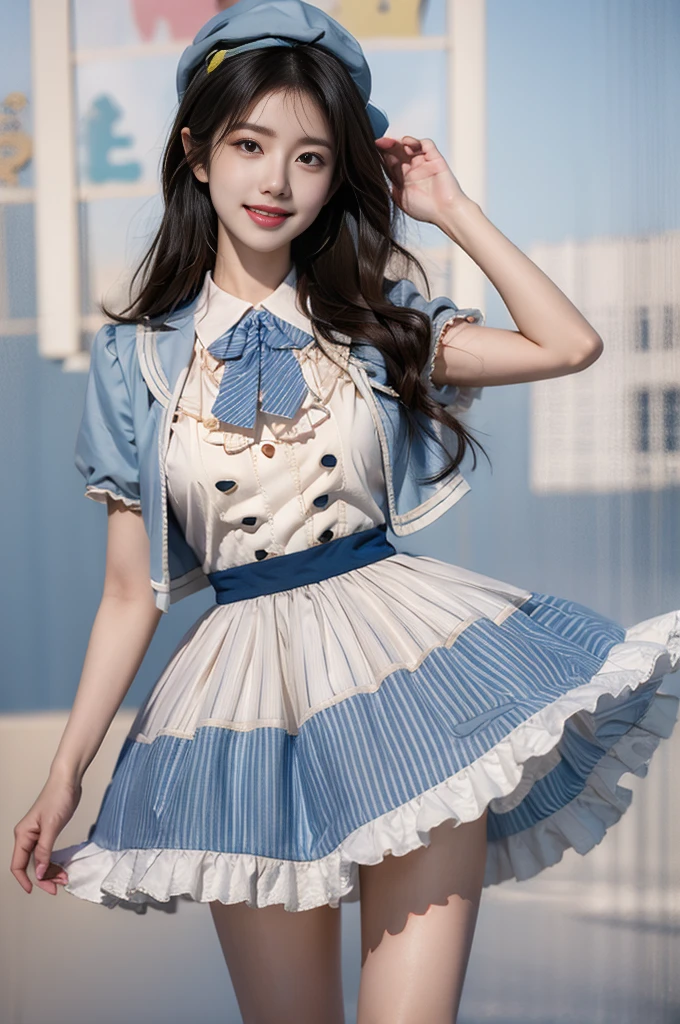 idol clothes,dress,collared dress,jacket,cropped jacket,short sleeves,bowtie,bow,buttons,hat,beret, (best quality, masterpiece:1.2), tianfeng1, Extremely detailed, (Practical:1.37), beautiful, youth, Charming female model, sweet smile, Sweetheart girl, Warm colors, ((Full body view，Skin is firm and smooth)), ((Random scenes，Random shooting angles)), ((Elegant and natural gesture)), (big eyes, Exquisite eyes, Delicate lips, Exquisite eyes), Available in white and floral pattern, Show a bright smile, fit, Full breasts, ((Large Breasts)), Long legs, Create a stunning photo of a girl