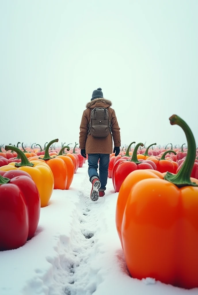 Man walking over the capsicum , snow background