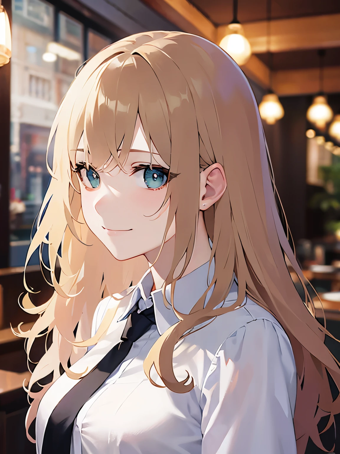 hand on own face、Upper Body, Realistic, real person, (pale skin: 1.2), RAW photo, photorealistic, shiny skin, shiny hair、(A 25-year-old woman with medium-length hair and bangs) and (wavy hair) and (Blonde Hair) and (green eyes) , BREAK (white collared shirt) BREAK 、(Sad smile:1.5), The background is the interior of a restaurant at night.、Alone、Are standing