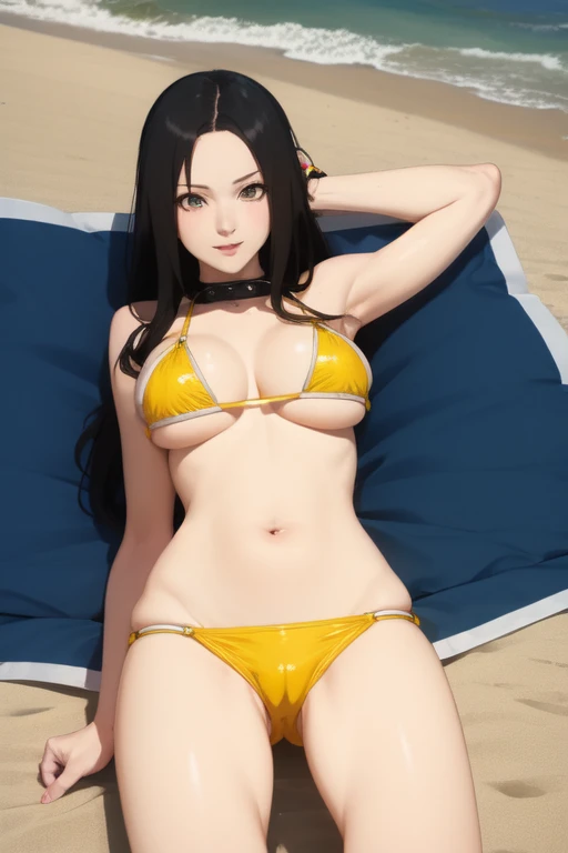 milf, yellow bikini, ultra detailed, naruto anime style, chained, on the beach
