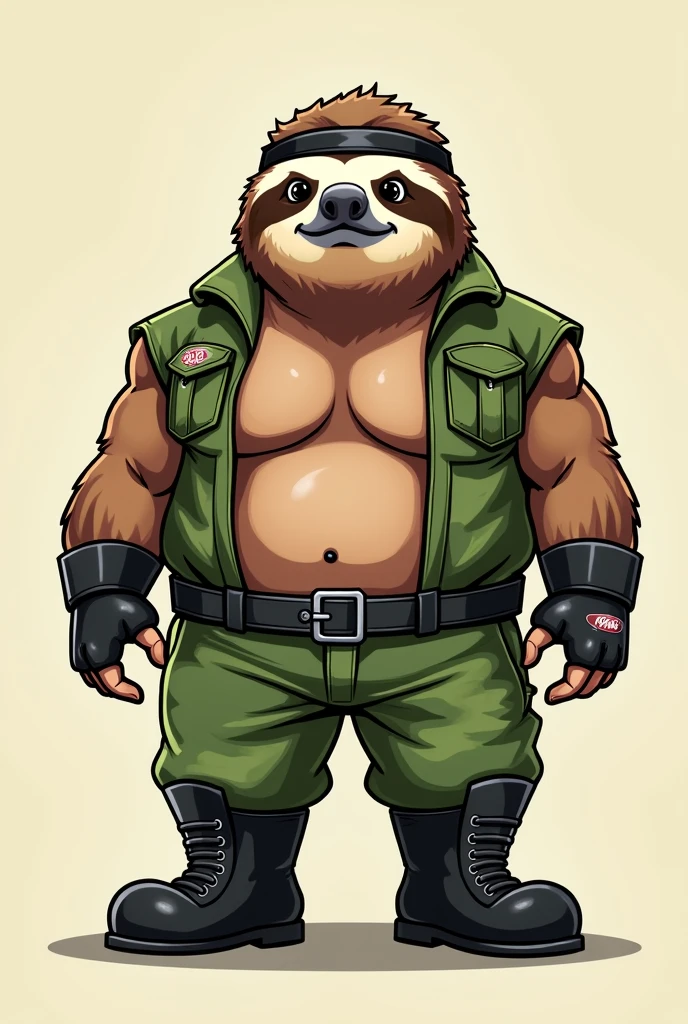 cartoon sloth dressed like wrestler Sgt slaughter with a mustache, wearing black singlet, camouflage pants, black boots, and drill sergeant hat