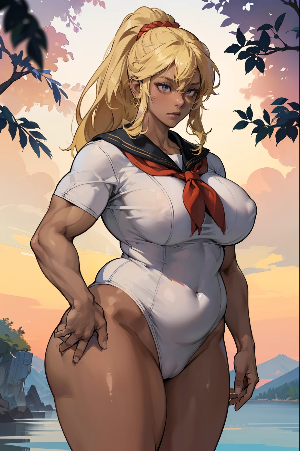 (((((A person with dark skin, Muscular))))), ((thick thighs, 非常にLarge Breasts,、Strong Body、), Blonde long-haired, alone, Glowing Skin, it was foggy, ,Bridge pier, Bristles,Are standing、Big body women、naked,Strong Body、pubic hair,Muscular in the forest,Composition from the front,Muscular and wide hips,Muscular and wide torso,Muscularの, Widebody,thick, Muscularの腕,thick, Muscularの脚,Muscular and broad shoulders,bodybuilder,nakedの美しい女性,Large Breasts,long, saggy breasts,,Deep purple eyes,Woman with beautiful face,Expressionless,,,Strong Woman,Right in front of the viewer,,Muscular女性,Big body and broad shoulders,thick Women,naked,sexy,Stand in front,全naked,正面にAre standing女性,真っ直ぐにAre standing,Fleshy ladies,Plump woman,Chubby woman,Fat woman,Fleshy ladies,,A woman in a tight sailor suit,cave,ponytail