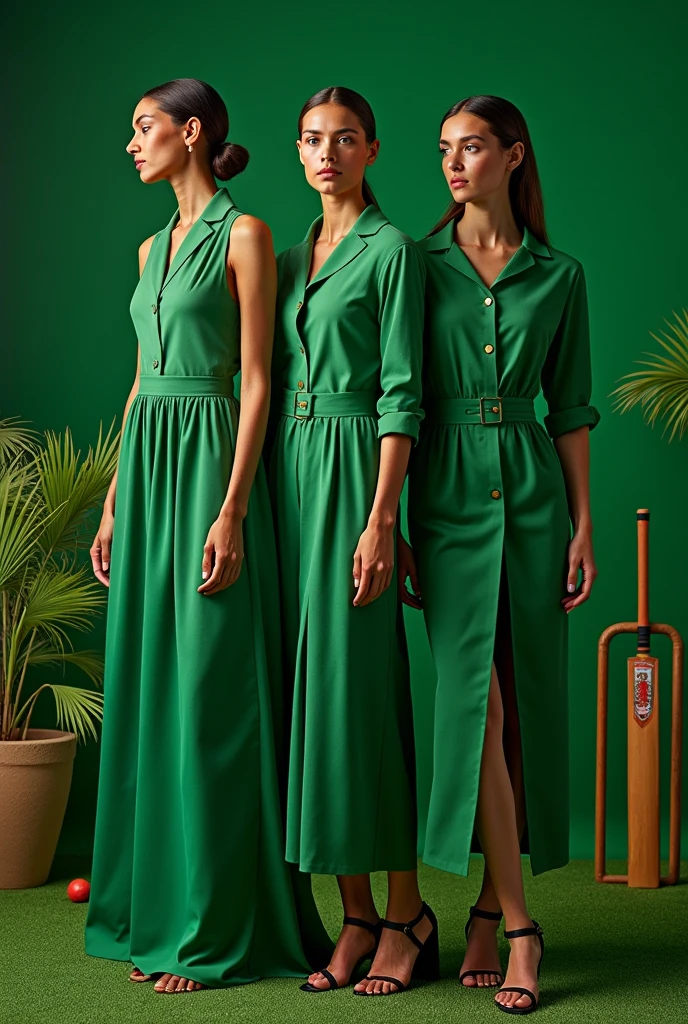 Fashion display for garments about cricket green colour theme with bat ball 
