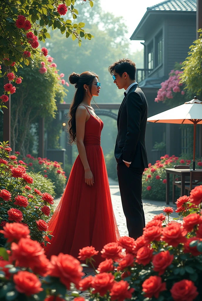 A garden full of roses, orchids, different varieties of flower in which one fair skin colour female with long red colour frock suit with long sleeve and gown touching her feet  and dark brown hair messy bun and blue colour specs is talking with one male wearing black suit but their face is not visible.  They are facing the bunch of red rose plant and standing a bit far from each other. Beside them there is a table with chair and umbrella. Behind them there is beautiful modern house with luxury back gate and black colour bunglow with multiple storeys dark colour 

