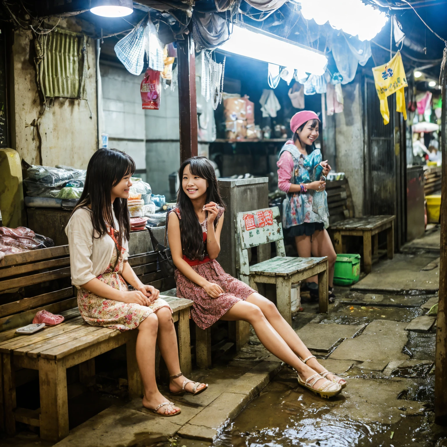 ((masterpiece、Highest quality))、Beautiful girls gather.、Girl in summer clothes、(Poor conditions、Dim and unsanitary、Crumbling underground shopping mall)、非常stage、みんなで楽しくdiet、屋台のdiet店、(Detailed and cute face:1.3)、stage、sewage、Dirty shop、street vendors、Unsanitary and abandoned city、smile、diet、Poor person々