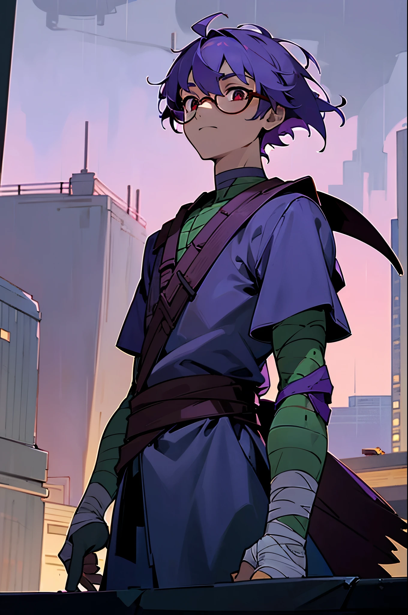 1boy, turtle boy, turtle shell, purple bandana, red eyes, upper body, (calm:1.2), upper body, bandages, standing, from below, outdoors, rooftop, on roof, night, wind, night, night sky, new york, rain,, arms on sides, calm expression, purple hair, bowl cut, round glasses,