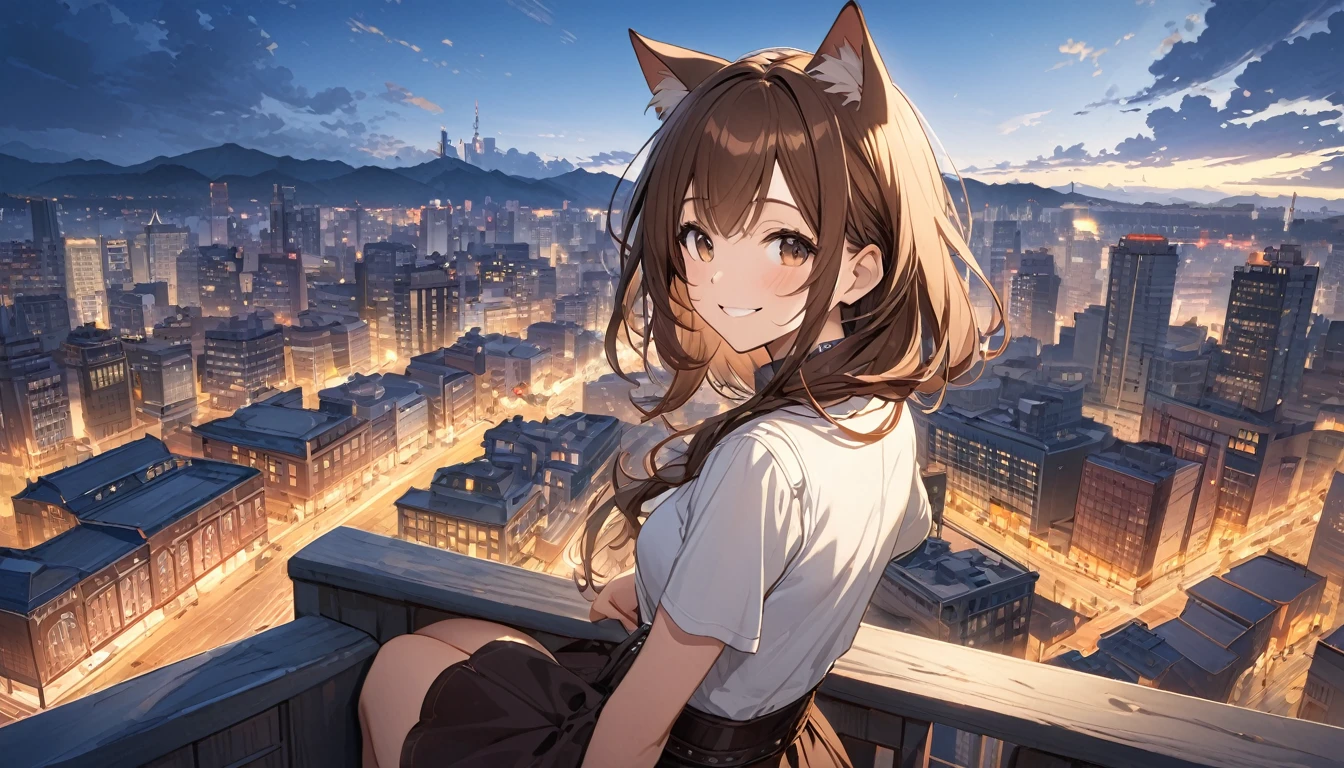 Highest quality,Cat ear,Western,Brown Hair,smile,Western cityscape