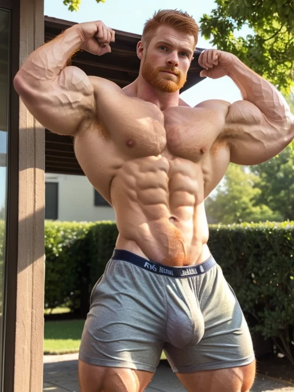 (ginger:1.2), realistic, park, young, sunny day, Ginger-haired male figure with well-defined, hyper-realistic musculature (muscle definition:1.4). Chest and abdominal muscles appear toned and chiseled, with visible fibers and striations (chest muscles:1.6). Skin has a lifelike, organic texture with subtle imperfections (skin realism:1.5)., rippling chest, short shorts, (big male package:1.5), (hung:1.9), (big male bulge:1.5), Clark, working out abs