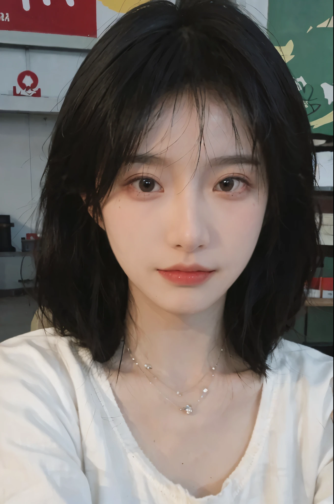 Best quality,Ultra-high resolution,(Realism:1.4),Cute hairpins,girll,Cropped black sweater,Look directly at the audience,Full of atmosphere,Beautiful woman with a slim figure:1.4,supermarket,whole body,Super delicate face,Exquisite eyes,Double eyelids,necklace