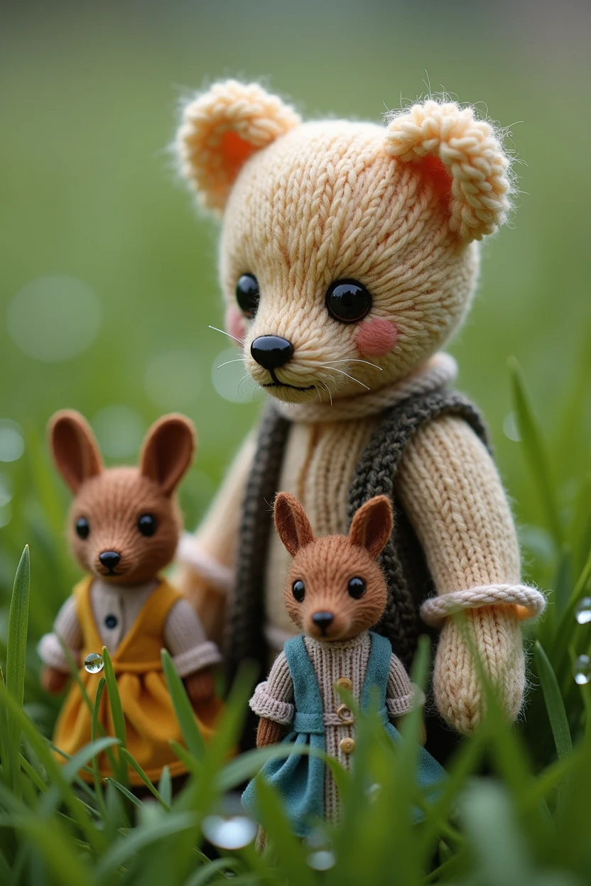 Knitted teddy bear, small anthropomorphic animals, Wearing a hat,Wearing antique clothes from the 17th century, Macro photography in dense grass, Dewdrops reflect the environment, Super detailed toys, You can see every fiber of wool on the toy, You can see every shrvcik on the clothes, Dragging everything, adorable animal, Cute toys,