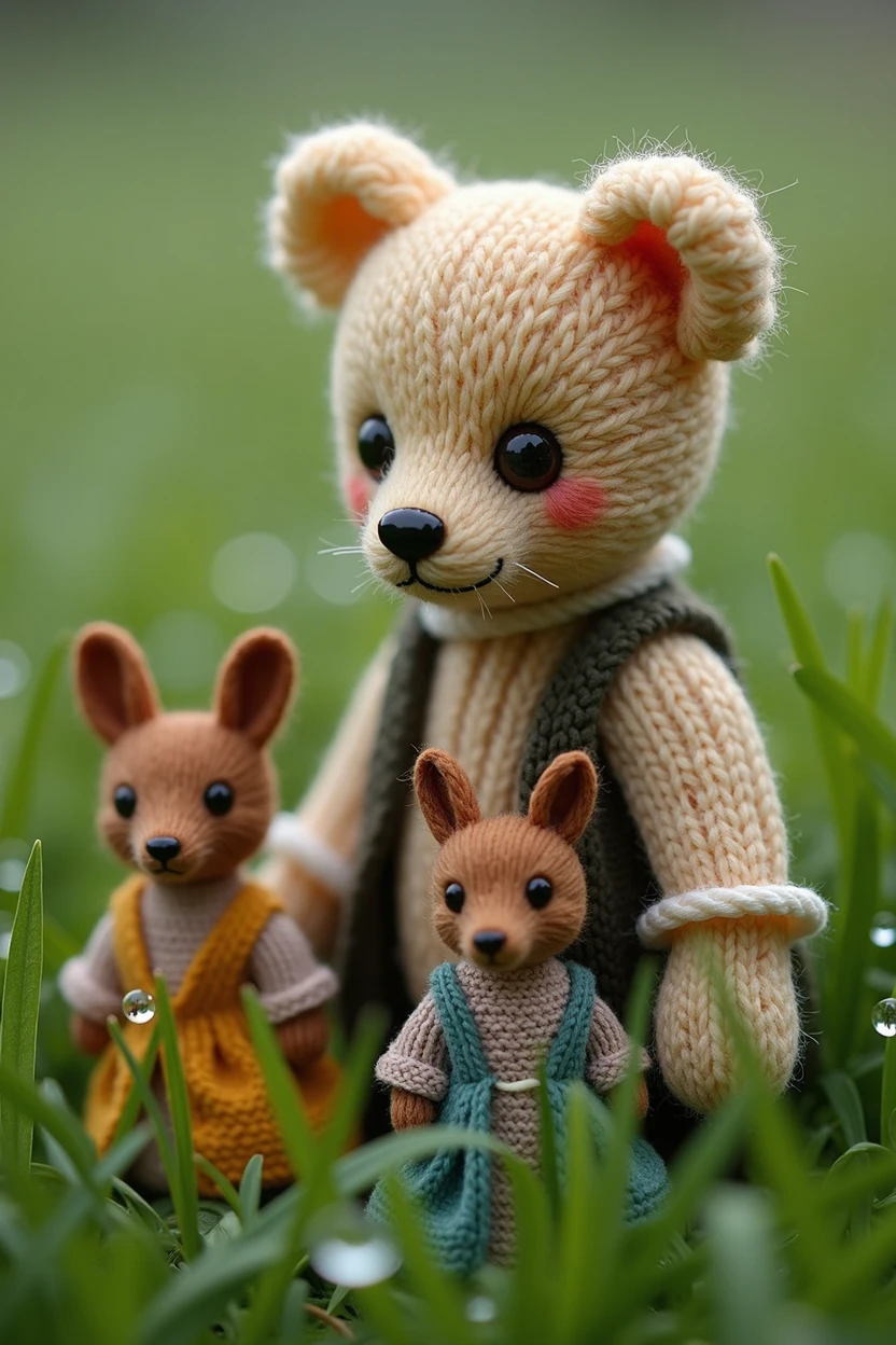 Knitted teddy bear, small anthropomorphic animals, Wearing a hat，Wearing antique clothes from the 17th century, Macro photography in dense grass, Dewdrops reflect the environment, Super detailed toys, You can see every fiber of wool on the toy, You can see every shrvcik on the clothes, Dragging everything, adorable animal, Cute toys,
