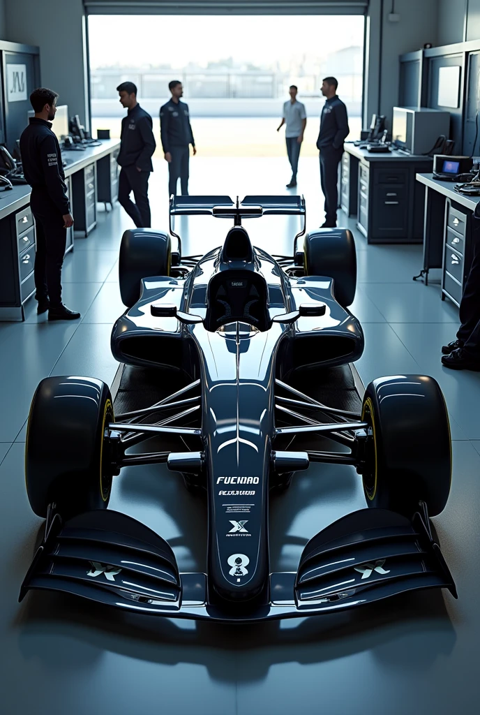 (masterpiece, Highest quality, shape, Subtle details, 8k:1.2),(Highly detailed CG Unity 8k wallpaper), (Highest quality), (Best illustrations), ((Futuristic racing car:1,2)), (((Rear wheels on the left side of the car２There are pieces on the right２Unique racing cars:1,2))), (It has large wings.;1,2), (((The rear wheels are large:1,2))),(((Photo taken diagonally from the rear of the car:1,2))),A realistic digital image featuring a futuristic race car similar to the Asurada G.S.X from *Future GPX Cyber Formula*, with a sleek, black body. The car is positioned in a racing circuit garage with all of its panels and openings fully exposed, revealing the intricate internal components, engine, and mechanical details inside. The driver's seat is placed centrally in the vehicle's cockpit, and the car's design is cutting-edge, with aerodynamic curves and futuristic features. Surrounding the car are numerous race staff members in various positions, busily working on the vehicle’s maintenance, checking the engine, tires, and other systems. The garage setting is filled with racing tools, equipment, and monitors, creating a fast-paced, high-tech atmosphere. The image captures the precision and focus of the team as they prepare the car for a race.,A highly realistic digital image showing a futuristic race car, inspired by the design of the Asurada G.S.X from *Future GPX Cyber Formula*, with a black exterior and sleek, aerodynamic body. The car is parked inside a racing circuit garage, with all its panels and openings exposed, revealing the complex internal structure, engine, and high-tech components. The driver's seat is centrally located in the cockpit, showcasing the advanced design of the vehicle. Around the car, a large team of race staff members is seen working diligently on various parts of the car—adjusting the engine, checking the tires, and performing maintenance. The scene captures the intensity and focus of the pit crew as they prepare the vehicle for a race, with tools and equipment scattered around the garage. The atmosphere is dynamic, highlighting the precision and expertise required in high-level racing.
