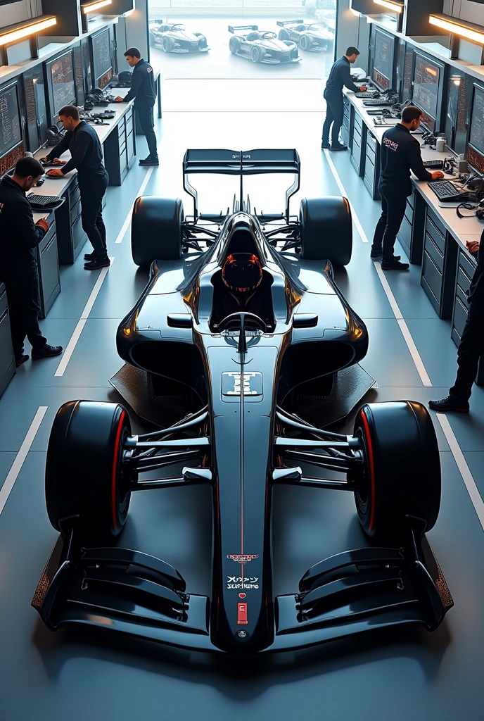 (masterpiece, Highest quality, shape, Subtle details, 8k:1.2),(Highly detailed CG Unity 8k wallpaper), (Highest quality), (Best illustrations), ((Futuristic racing car:1,2)), (((Rear wheels on the left side of the car2There are pieces on the right2Unique racing cars:1,2))), (It has large wings.;1,2), (((The rear wheels are large:1,2))),(((Photo taken diagonally from the rear of the car:1,2))),A realistic digital image featuring a futuristic race car similar to the Asurada G.S.X from *Future GPX Cyber Formula*, with a sleek, black body. The car is positioned in a racing circuit garage with all of its panels and openings fully exposed, revealing the intricate internal components, engine, and mechanical details inside. The driver's seat is placed centrally in the vehicle's cockpit, and the car's design is cutting-edge, with aerodynamic curves and futuristic features. Surrounding the car are numerous race staff members in various positions, busily working on the vehicle’s maintenance, checking the engine, tires, and other systems. The garage setting is filled with racing tools, equipment, and monitors, creating a fast-paced, high-tech atmosphere. The image captures the precision and focus of the team as they prepare the car for a race.,A highly realistic digital image showing a futuristic race car, inspired by the design of the Asurada G.S.X from *Future GPX Cyber Formula*, with a black exterior and sleek, aerodynamic body. The car is parked inside a racing circuit garage, with all its panels and openings exposed, revealing the complex internal structure, engine, and high-tech components. The driver's seat is centrally located in the cockpit, showcasing the advanced design of the vehicle. Around the car, a large team of race staff members is seen working diligently on various parts of the car—adjusting the engine, checking the tires, and performing maintenance. The scene captures the intensity and focus of the pit crew as they prepare the vehicle for a race, with tools and equipment scattered around the garage. The atmosphere is dynamic, highlighting the precision and expertise required in high-level racing.