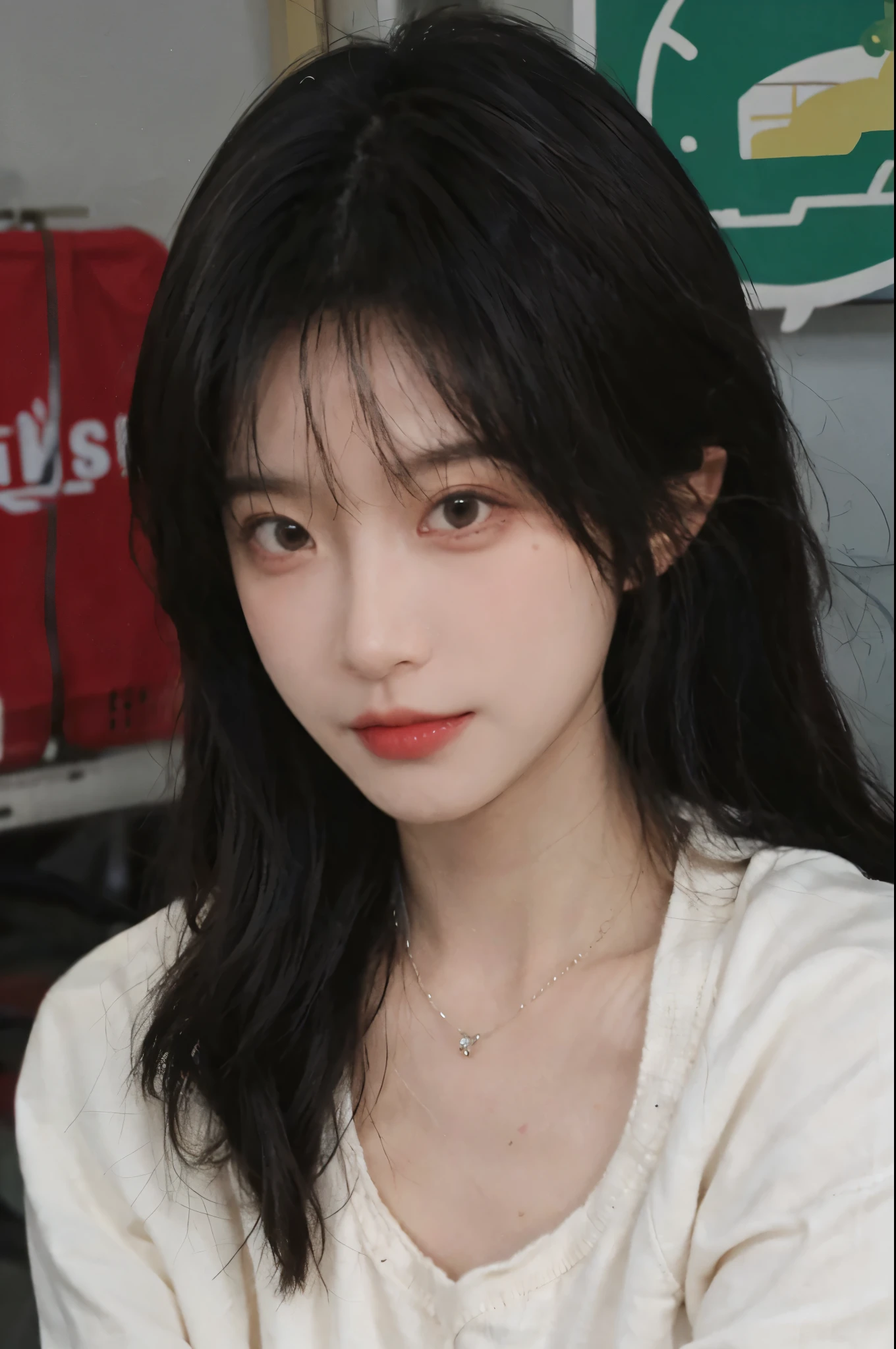 Best quality，Ultra-high resolution,(Realism:1.4)，Cute hairpins，girll,Cropped black sweater，Look directly at the audience，Full of atmosphere，Beautiful woman with a slim figure:1.4，supermarket，whole body，Super delicate face，Exquisite eyes，Double eyelids，necklace