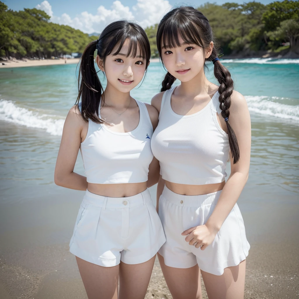 A -yeld Jaese girl wearing white shorts、A 13-year-o Jase giwearing a white miniskirt、Two people doing warm-up exercises on the beach　実写写真High resolution, smile, Black Hair, Bangs between the eyes, Twin tails, Cowboy Shot, masterpiece, Anatomically correct, 最high quality, High resolution, masterpiece, Winner of numerous awards, 最high quality, High detail, High-resolution model, high quality, Very detailed, Textured skin, Large Breasts, 8k octane, realism, 