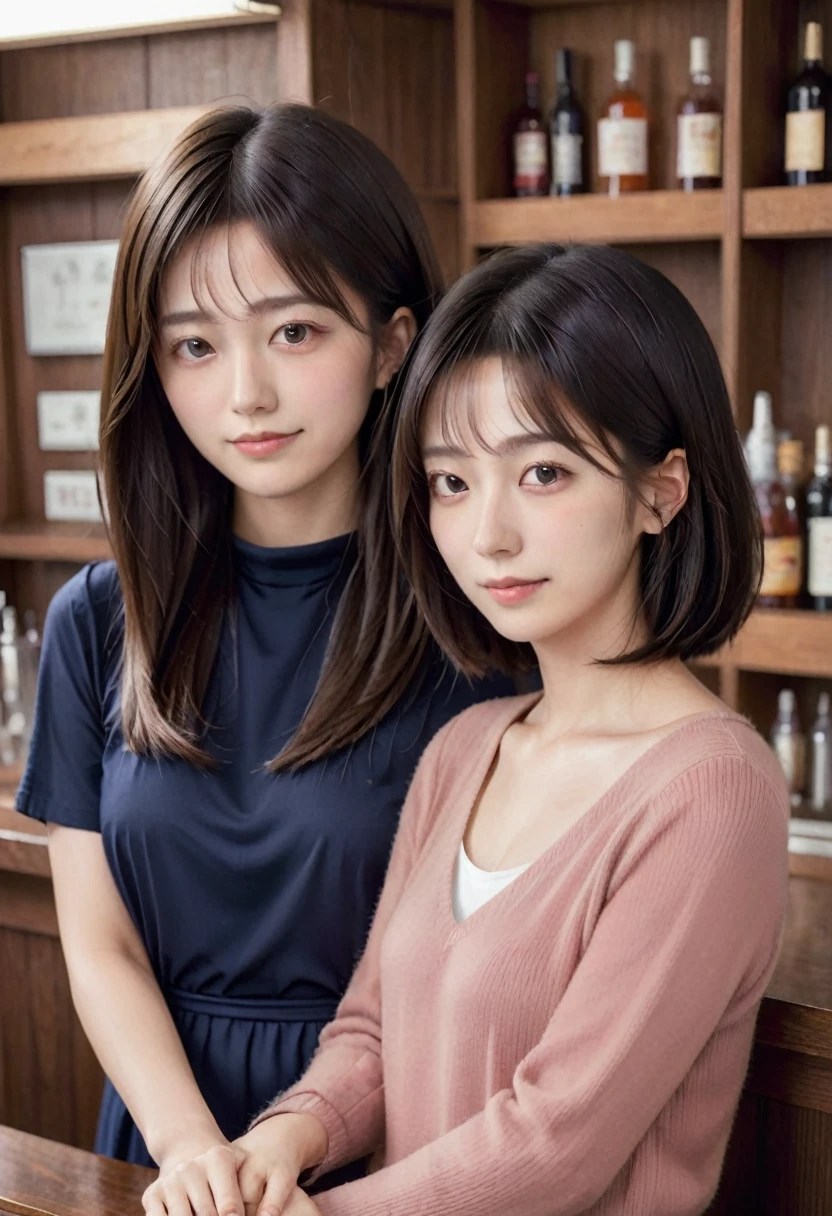 Three women waiting at the bar counter、shopkeeper、Age 35、long hair、Mom、28 years old、Short Bob、チーMom、Age 27、semi-long