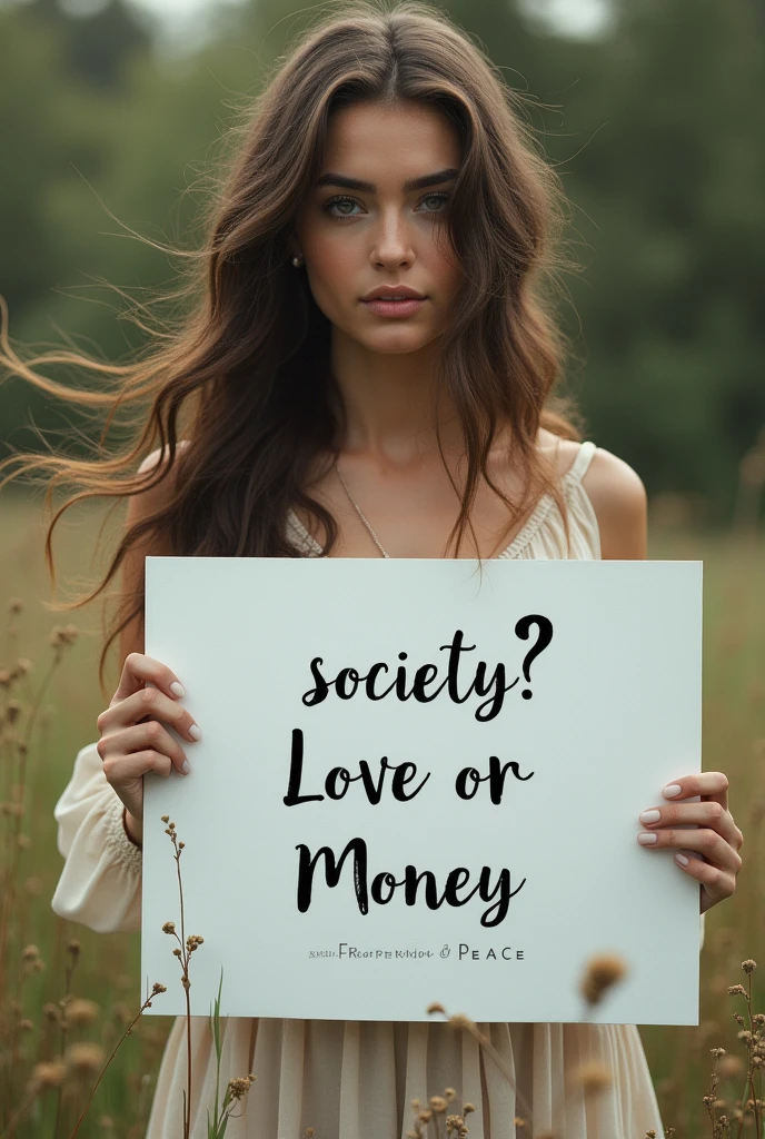 Beautiful girl with wavy long hair, bohemian dress, holding a white board with text "society: Love or Money
Girl: Freedom and Peace" and showing it to the viewer