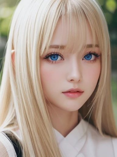 Silky white shiny skin、Sexy and very beautiful、Nice and cute looks、Gorgeous blonde with super long hair、Bangs growing over the eyes and nose、Large, clear, bright blue eyes、A cute girl with sexy bangs、The most beautiful face in the world、huge 