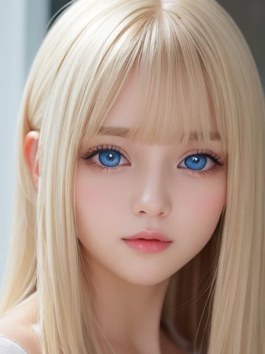 Silky white shiny skin、Sexy and very beautiful、Nice and cute looks、Gorgeous blonde with super long hair、Bangs growing over the eyes and nose、Large, clear, bright blue eyes、A cute girl with sexy bangs、The most beautiful face in the world、huge