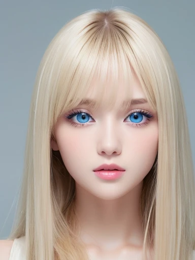 Silky white shiny skin、Sexy and very beautiful、Nice and cute looks、Gorgeous blonde with super long hair、Bangs growing over the eyes and nose、Large, clear, bright blue eyes、A cute girl with sexy bangs、The most beautiful face in the world、huge