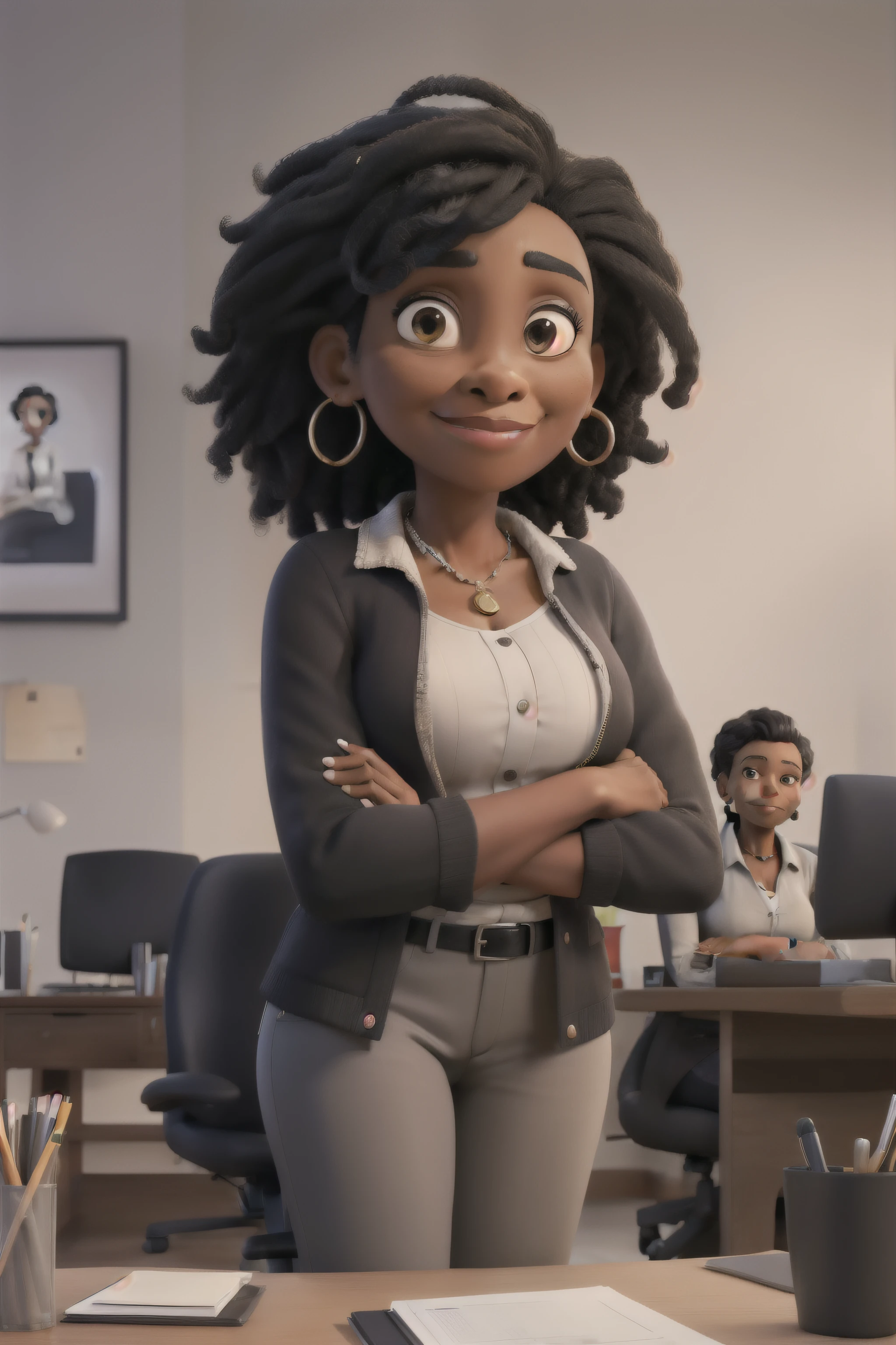 masterpiece, best quality ,Portrait of mid adult successful black mature woman looking at camera with arms crossed. Smiling african american business woman standing in new office .Portrait of mature woman.