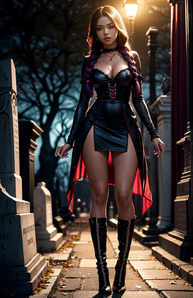 a beautiful young black woman with light skin, dressed as a vampire in a New Orleans cemetery at dusk during Mardi Gras, with bats flying around her, in a close-up full body pose showing her long white braided hair and high heel boots, wearing period clothing, dark fantasy art style, rich and deep colors, intricate details, HDR and hyper-detailing, natural skin textures, hyper-realistic, soft lighting, sharp focus