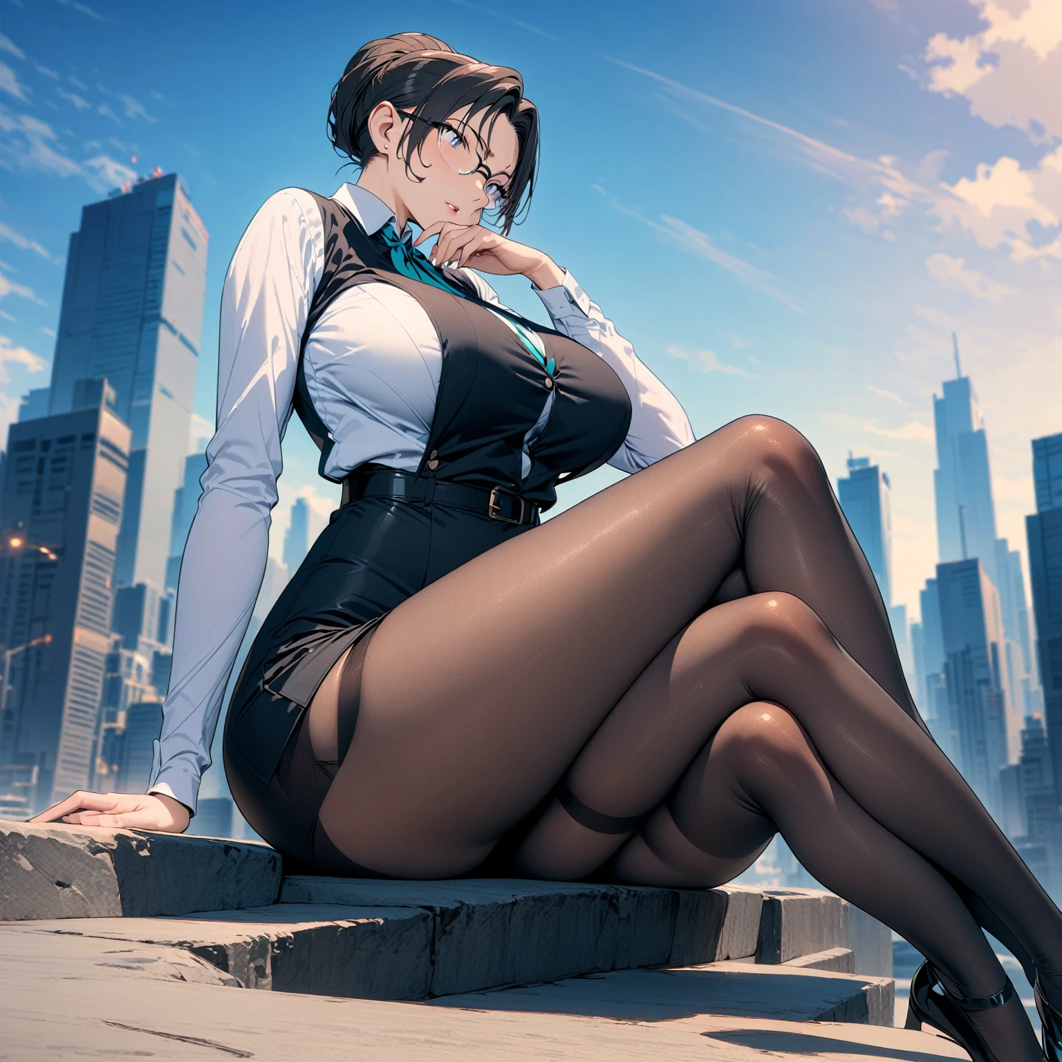 Secretary outfit,A woman sitting on a ledge,legs crossed,With sky background,(highest quality,masterpiece,mature woman:1.4),Black stockings,with glasses