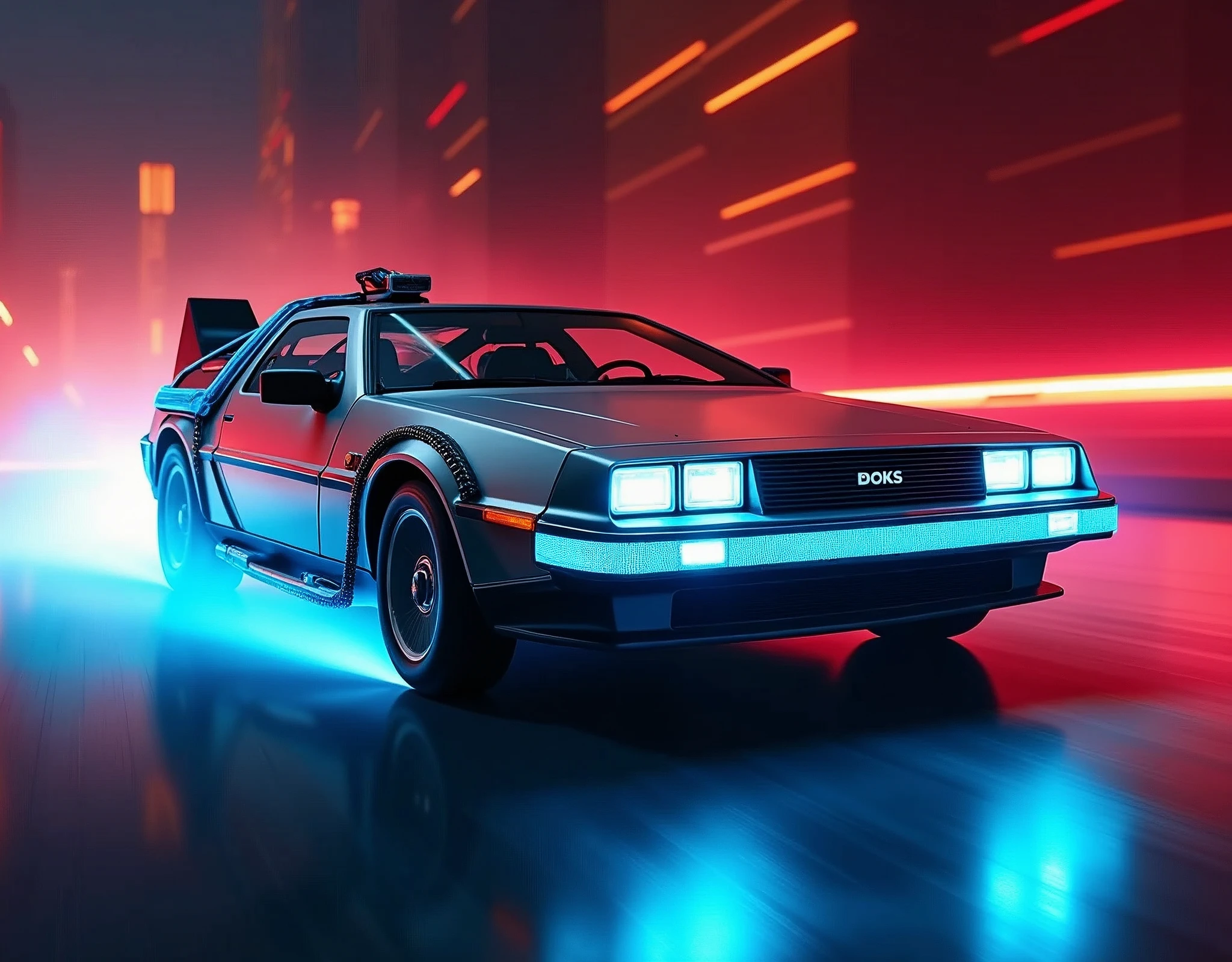Delorean\(back to the future\(movie\),((glowing blue)),realistic texture\), at night, (red (fire:1.5) behind Delorean's wheel), ((shallow depth-of-field)), (bokeh), (lens flare), sharp focus,,(dynamic angle:1.5),award winning photo, beautiful photo, very exciting racing photo,beautiful background