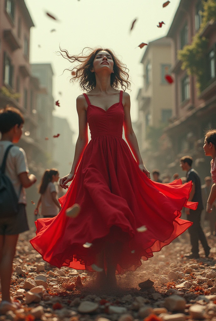 Realistic 3D image of a girl wearing a red dress, going crazy, eating the house, eating the city, becoming the leader of the country.
There are people who respect it.
The father stood and applauded with joy.
wear red clothes