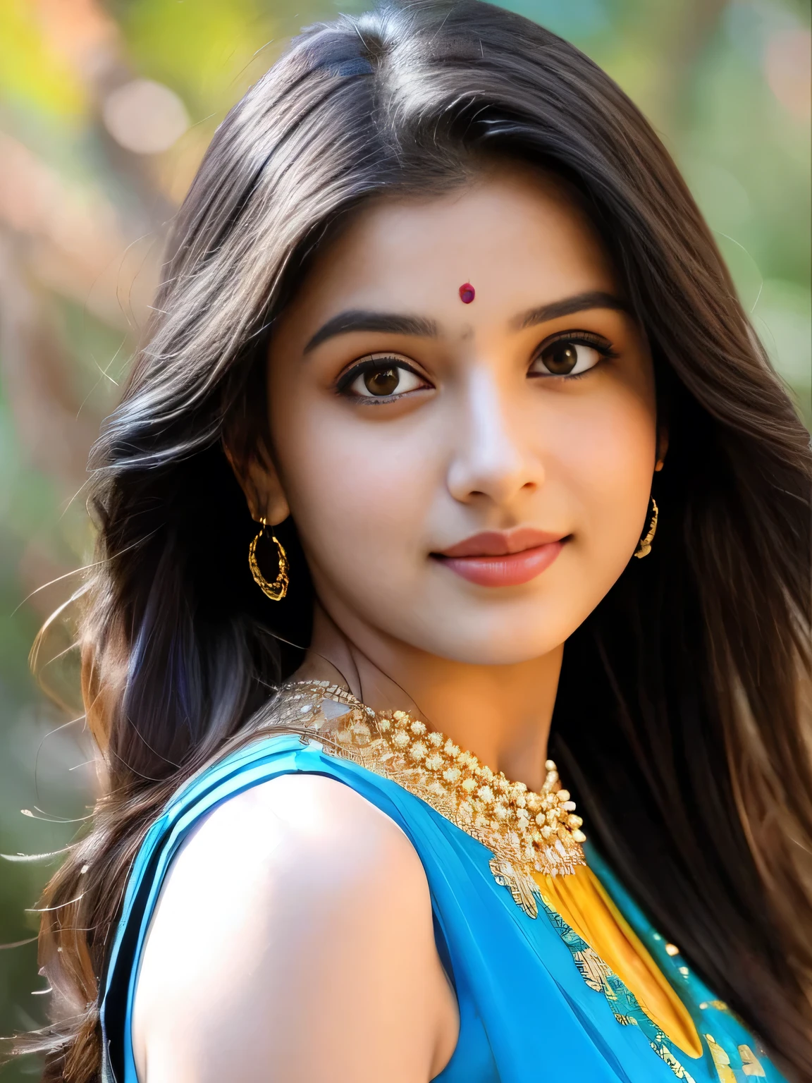8K, ultra high detailed, an indian girl, cute face, happy, long hair, impressive hairstyle, detailed eyes, detailed lips, indian clothes, saree, yello saree, lace, wearing jewellery, nature background, flowers, morning, shadow, clear weather, whole body capture,