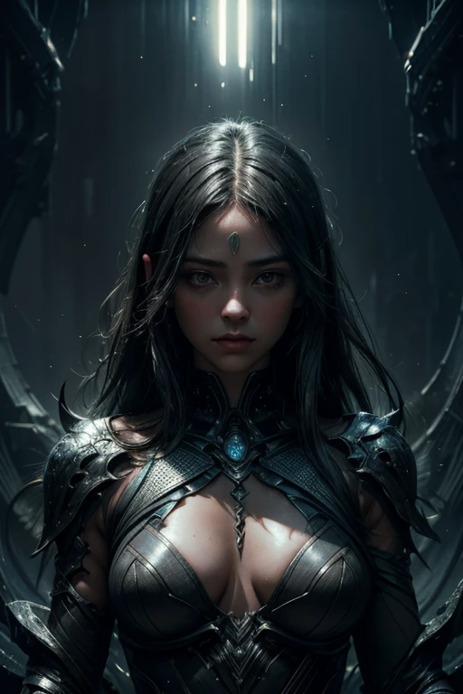 girl in a monster body showcases a surreal and carrier, centered, straight hair, highly detailed, extremely detailed, delicate detail, crisp quality, ultra realistic, hyperrealistic, surrealism, dark art, outer space, vanishing point, superhighway, high speed, digital render,  digital painting, trending on artstation" high-contrast technique, with the silhouette illuminated against a dark background, highlight of the feminine form in fractal neon gently Line Atrs, detailed matte painting sinister , enveloped in a glass-like, moist, and oily skin. Breathe life into this vision through an ultra-high-contrast photorealistic oil painting, placed against a pitch-dark background. Employ soft and gentle lighting to intensify the welcoming atmosphere surrounding the portrayal. kids story book style, muted colors, watercolor style, 8k resolution, hyperdetailed, unreal engine, global illumination, detailed and intricate environment