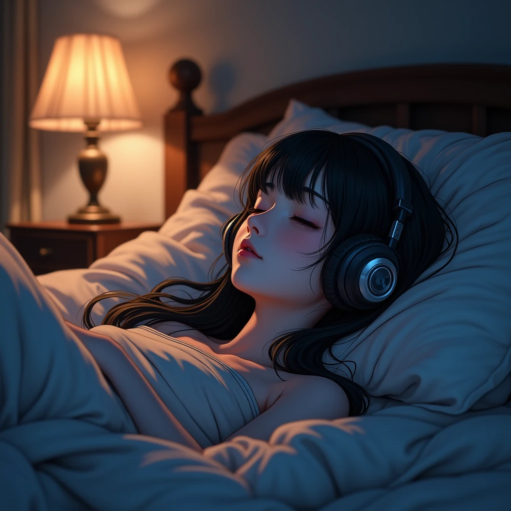 a girl lying in bed in a cozy room, listening to music at night, wearing headphones, 2D anime style, lo-fi, detailed background, cinematic lighting, soft colors, fine details, ( eyes closed )beautiful detailed lips, extremely detailed face, elegant pose, warm atmosphere, glowing table lamp, vintage aesthetic, beautifully detailed ears, realistic textures, shadows details, outstanding highlight details, vivid colors, dreamlike mood, optical, (best quality, 8k, high resolution, masterpiece: 1.2), super detailed, ( realistic, Optical, realistic images :1.37)