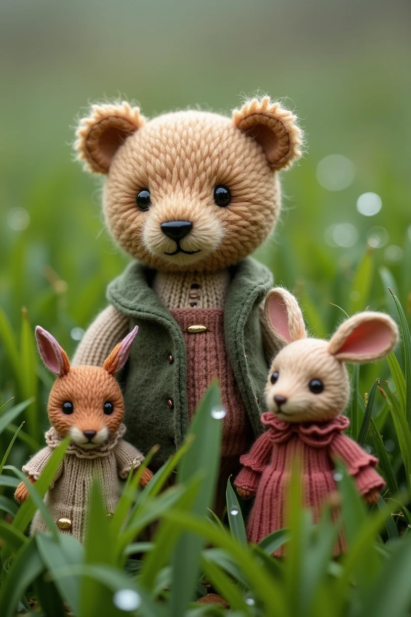 Knitted teddy bear, small anthropomorphic animals, Wearing a hat，Wearing antique clothes from the 17th century, Macro photography in dense grass, Dewdrops reflect the environment, Super detailed toys, You can see every fiber of wool on the toy, You can see every shrvcik on the clothes, Dragging everything, adorable animal, Cute toys,