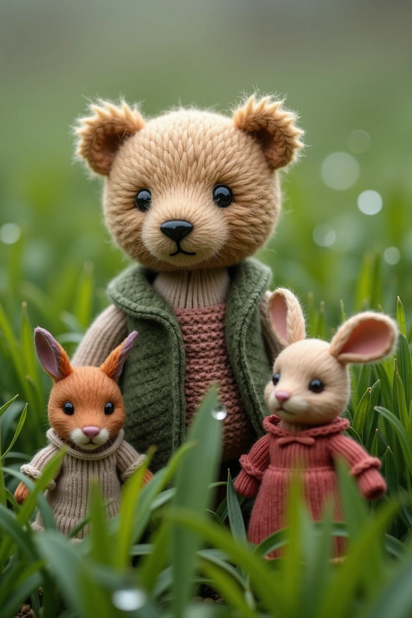 Knitted teddy bear, small anthropomorphic animals, Wearing a hat,Wearing antique clothes from the 17th century, Macro photography in dense grass, Dewdrops reflect the environment, Super detailed toys, You can see every fiber of wool on the toy, You can see every shrvcik on the clothes, Dragging everything, adorable animal, Cute toys,